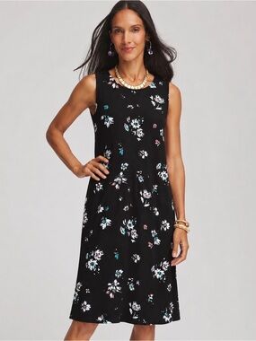 CHICO’S 3 Floral Print Bateau Neck Swing Dress • Stretch Knit Knee Length XL